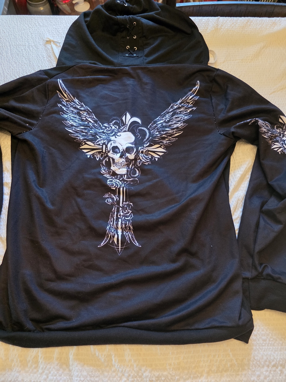 ELF Black V-Neck Hoodie with Winged Skull Graphic